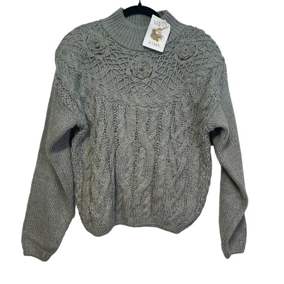 Vintage Needles and Yarn 3D Knit Cropped Green Sweater Womens Large Shoulder Pad - Picture 1 of 10